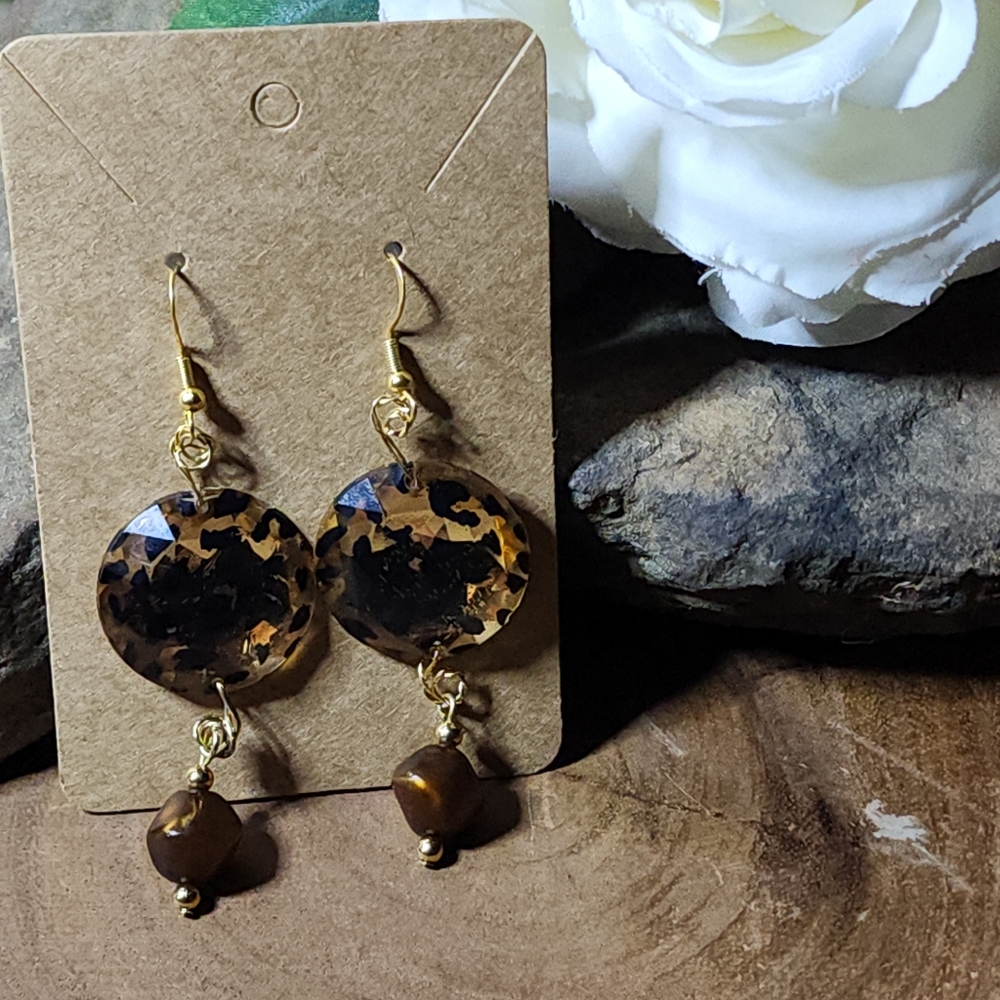Hand Crafted Boho Hook Earrings With Brown And Black Animal Print Beads